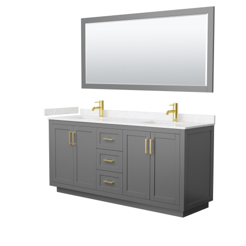 Wyndham WCF292972DGGC2UNSM70 Miranda 72 Inch Double Bathroom Vanity in Dark Gray, Light-Vein Carrara Cultured Marble Countertop, Undermount Square Sinks, Brushed Gold Trim, 70 Inch Mirror