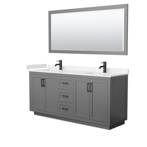 Wyndham WCF292972DGBC2UNSM70 Miranda 72 Inch Double Bathroom Vanity in Dark Gray, Light-Vein Carrara Cultured Marble Countertop, Undermount Square Sinks, Matte Black Trim, 70 Inch Mirror