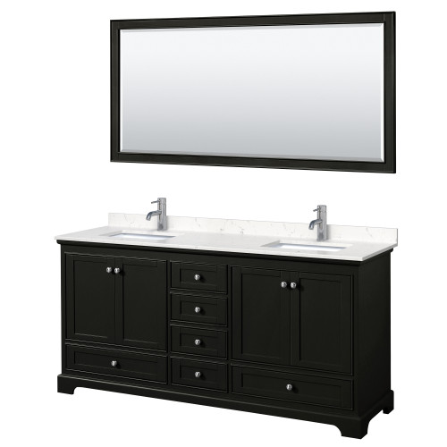 Wyndham WCS202072DDEC2UNSM70 Deborah 72 Inch Double Bathroom Vanity in Dark Espresso, Light-Vein Carrara Cultured Marble Countertop, Undermount Square Sinks, 70 Inch Mirror