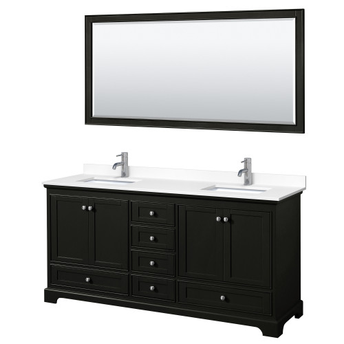 Wyndham WCS202072DDEWCUNSM70 Deborah 72 Inch Double Bathroom Vanity in Dark Espresso, White Cultured Marble Countertop, Undermount Square Sinks, 70 Inch Mirror
