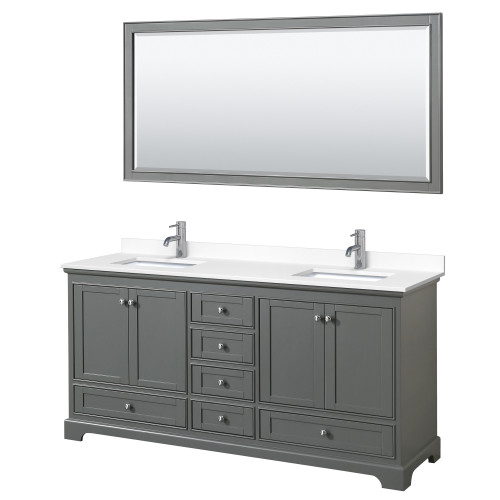 Wyndham WCS202072DKGWCUNSM70 Deborah 72 Inch Double Bathroom Vanity in Dark Gray, White Cultured Marble Countertop, Undermount Square Sinks, 70 Inch Mirror