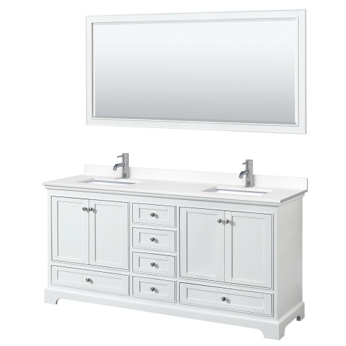 Wyndham WCS202072DWHWCUNSM70 Deborah 72 Inch Double Bathroom Vanity in White, White Cultured Marble Countertop, Undermount Square Sinks, 70 Inch Mirror