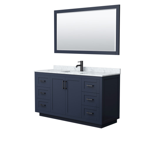 Wyndham WCF292960SBBCMUNSM58 Miranda 60 Inch Single Bathroom Vanity in Dark Blue, White Carrara Marble Countertop, Undermount Square Sink, Matte Black Trim, 58 Inch Mirror