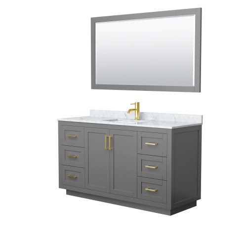 Wyndham WCF292960SGGCMUNSM58 Miranda 60 Inch Single Bathroom Vanity in Dark Gray, White Carrara Marble Countertop, Undermount Square Sink, Brushed Gold Trim, 58 Inch Mirror