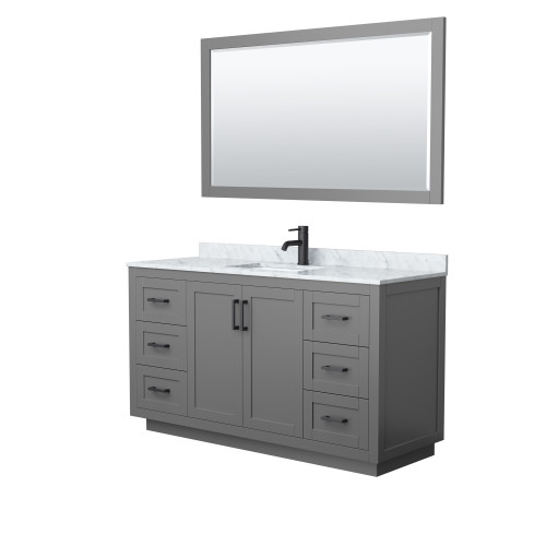 Wyndham WCF292960SGBCMUNSM58 Miranda 60 Inch Single Bathroom Vanity in Dark Gray, White Carrara Marble Countertop, Undermount Square Sink, Matte Black Trim, 58 Inch Mirror