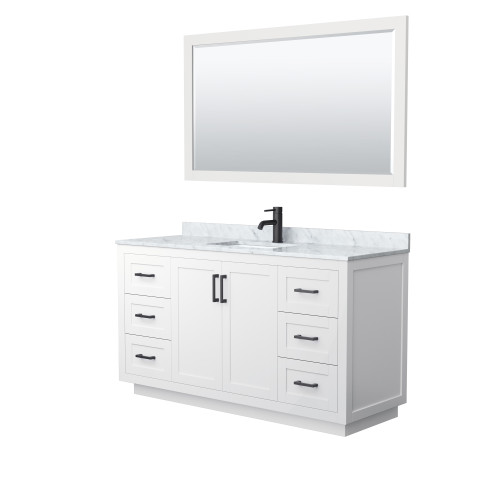 Wyndham WCF292960SWBCMUNSM58 Miranda 60 Inch Single Bathroom Vanity in White, White Carrara Marble Countertop, Undermount Square Sink, Matte Black Trim, 58 Inch Mirror