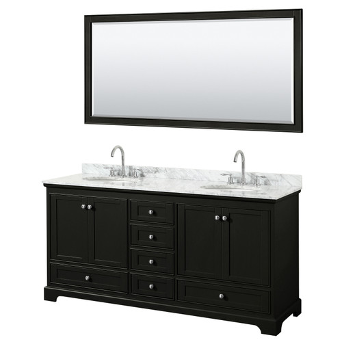 Wyndham WCS202072DDECMUNOM70 Deborah 72 Inch Double Bathroom Vanity in Dark Espresso, White Carrara Marble Countertop, Undermount Oval Sinks, and 70 Inch Mirror