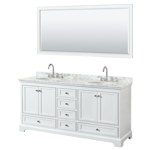 Wyndham WCS202072DWHCMUNOM70 Deborah 72 Inch Double Bathroom Vanity in White, White Carrara Marble Countertop, Undermount Oval Sinks, and 70 Inch Mirror