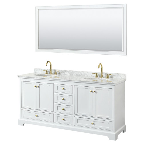 Wyndham WCS202072DWGCMUNOM70 Deborah 72 Inch Double Bathroom Vanity in White, White Carrara Marble Countertop, Undermount Oval Sinks, Brushed Gold Trim, 70 Inch Mirror