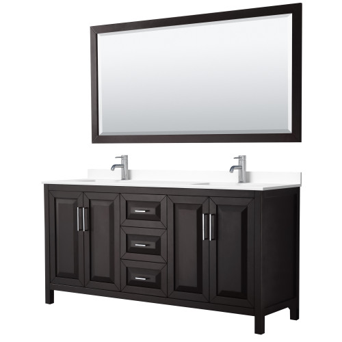 Wyndham WCV252572DDEWCUNSM70 Daria 72 Inch Double Bathroom Vanity in Dark Espresso, White Cultured Marble Countertop, Undermount Square Sinks, 70 Inch Mirror