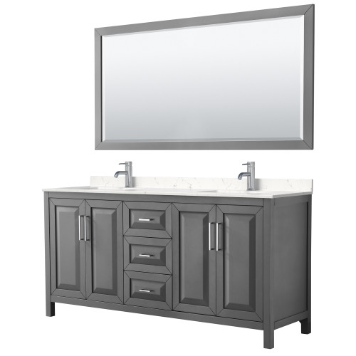 Wyndham WCV252572DKGC2UNSM70 Daria 72 Inch Double Bathroom Vanity in Dark Gray, Light-Vein Carrara Cultured Marble Countertop, Undermount Square Sinks, 70 Inch Mirror
