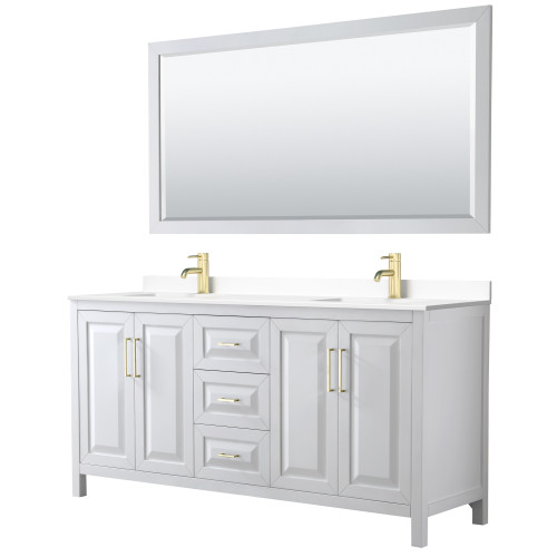 Wyndham WCV252572DWGWCUNSM70 Daria 72 Inch Double Bathroom Vanity in White, White Cultured Marble Countertop, Undermount Square Sinks, 70 Inch Mirror, Brushed Gold Trim