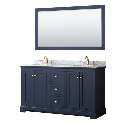 Wyndham WCV232360DBLCMUNOM58 Avery 60 Inch Double Bathroom Vanity in Dark Blue, White Carrara Marble Countertop, Undermount Oval Sinks, and 58 Inch Mirror
