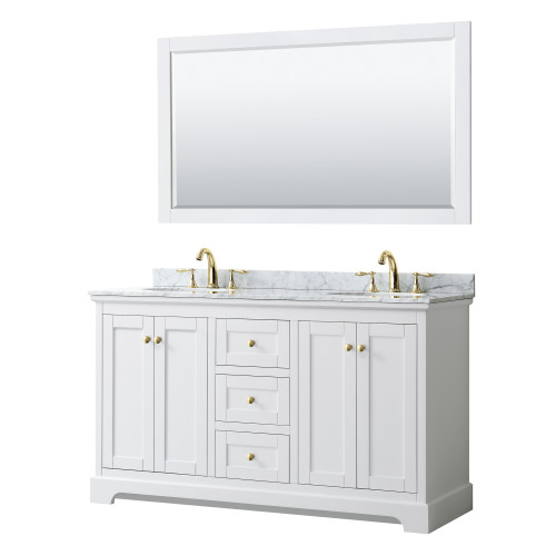 Wyndham WCV232360DWGCMUNOM58 Avery 60 Inch Double Bathroom Vanity in White, White Carrara Marble Countertop, Undermount Oval Sinks, 58 Inch Mirror, Brushed Gold Trim