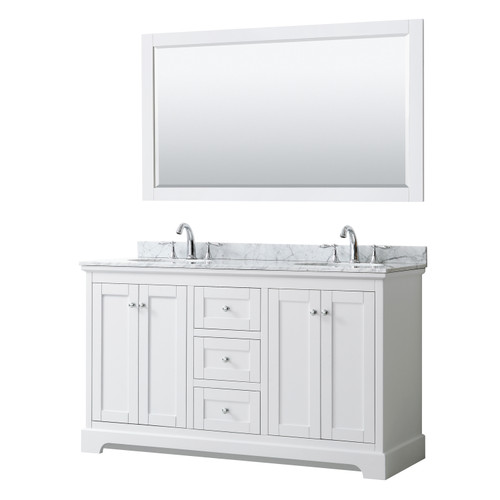 Wyndham WCV232360DWHCMUNOM58 Avery 60 Inch Double Bathroom Vanity in White, White Carrara Marble Countertop, Undermount Oval Sinks, and 58 Inch Mirror