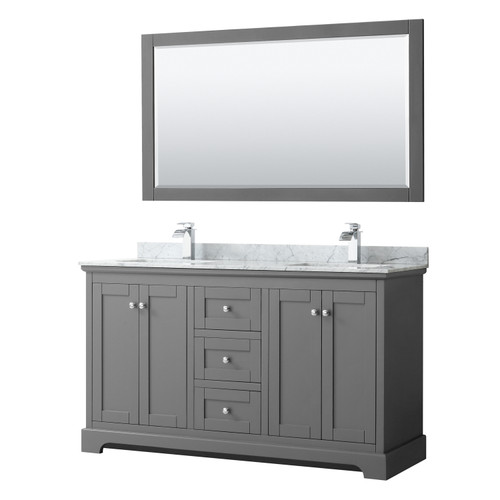 Wyndham WCV232360DKGCMUNSM58 Avery 60 Inch Double Bathroom Vanity in Dark Gray, White Carrara Marble Countertop, Undermount Square Sinks, and 58 Inch Mirror