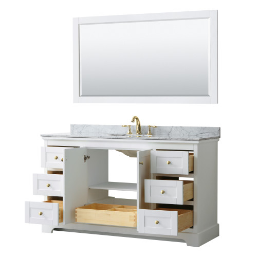 Wyndham WCV232360SWGCMUNOM58 Avery 60 Inch Single Bathroom Vanity in White, White Carrara Marble Countertop, Undermount Oval Sink, 58 Inch Mirror, Brushed Gold Trim