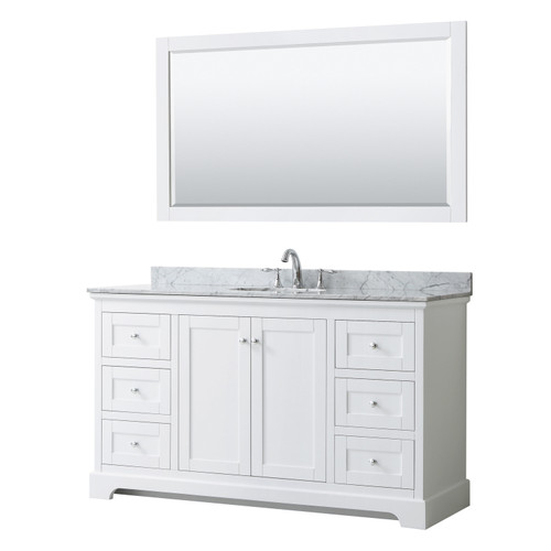 Wyndham WCV232360SWHCMUNOM58 Avery 60 Inch Single Bathroom Vanity in White, White Carrara Marble Countertop, Undermount Oval Sink, and 58 Inch Mirror