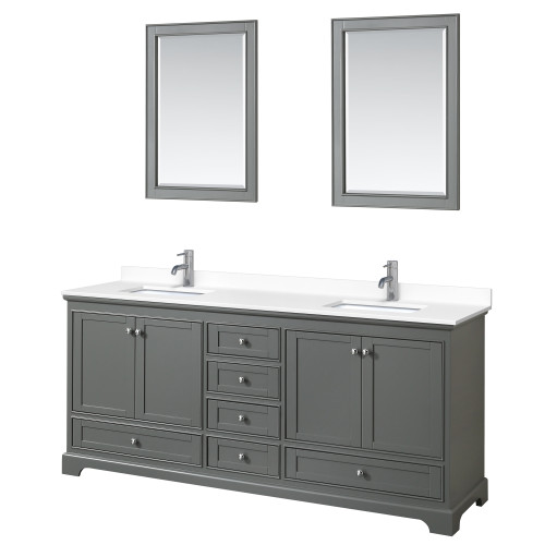 Wyndham WCS202080DKGWCUNSM24 Deborah 80 Inch Double Bathroom Vanity in Dark Gray, White Cultured Marble Countertop, Undermount Square Sinks, 24 Inch Mirrors