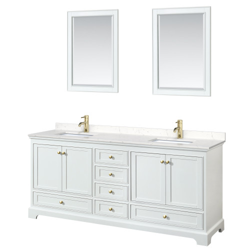 Wyndham WCS202080DWGC2UNSM24 Deborah 80 Inch Double Bathroom Vanity in White, Carrara Cultured Marble Countertop, Undermount Square Sinks, Brushed Gold Trim, 24 Inch Mirrors