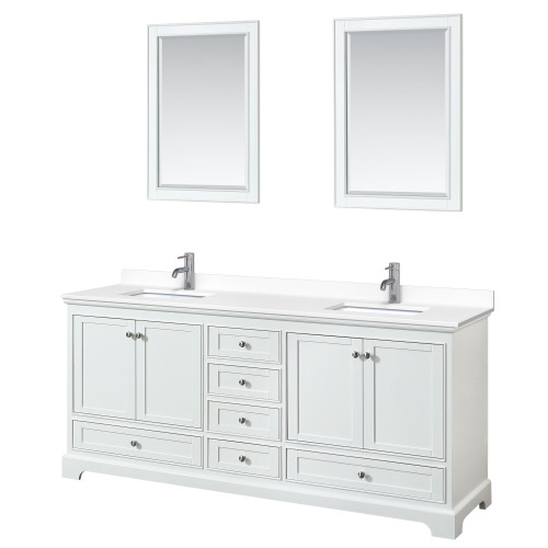 Wyndham WCS202080DWHWCUNSM24 Deborah 80 Inch Double Bathroom Vanity in White, White Cultured Marble Countertop, Undermount Square Sinks, 24 Inch Mirrors