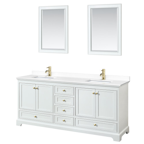 Wyndham WCS202080DWGWCUNSM24 Deborah 80 Inch Double Bathroom Vanity in White, White Cultured Marble Countertop, Undermount Square Sinks, Brushed Gold Trim, 24 Inch Mirrors