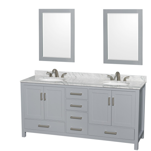 Wyndham WCS141472DGYCMUNOM24 Sheffield 72 Inch Double Bathroom Vanity in Gray, White Carrara Marble Countertop, Undermount Oval Sinks, and 24 Inch Mirrors