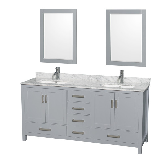 Wyndham WCS141472DGYCMUNSM24 Sheffield 72 Inch Double Bathroom Vanity in Gray, White Carrara Marble Countertop, Undermount Square Sinks, and 24 Inch Mirrors
