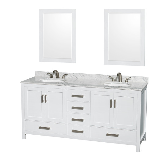 Wyndham WCS141472DWHCMUNOM24 Sheffield 72 Inch Double Bathroom Vanity in White, White Carrara Marble Countertop, Undermount Oval Sinks, and 24 Inch Mirrors