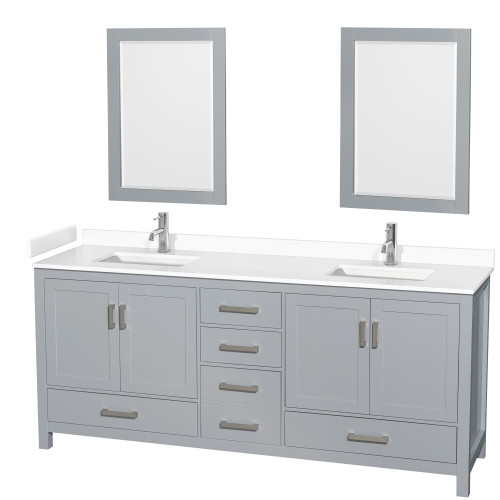 Wyndham WCS141480DGYWCUNSM24 Sheffield 80 Inch Double Bathroom Vanity in Gray, White Cultured Marble Countertop, Undermount Square Sinks, 24 Inch Mirrors