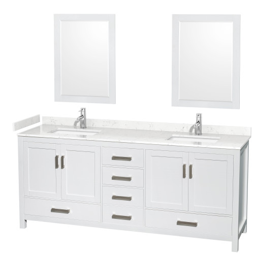 Wyndham WCS141480DWHC2UNSM24 Sheffield 80 Inch Double Bathroom Vanity in White, Carrara Cultured Marble Countertop, Undermount Square Sinks, 24 Inch Mirrors