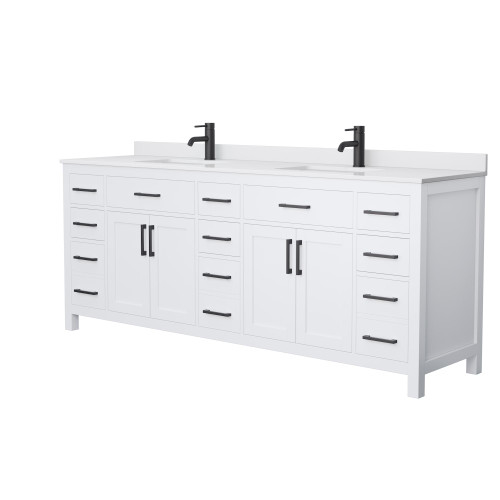 Wyndham WCG242484DWBWCUNSMXX Beckett 84 Inch Double Bathroom Vanity in White, White Cultured Marble Countertop, Undermount Square Sinks, Matte Black Trim