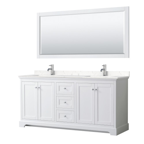 Wyndham WCV232372DWHC2UNSM70 Avery 72 Inch Double Bathroom Vanity in White, Light-Vein Carrara Cultured Marble Countertop, Undermount Square Sinks, 70 Inch Mirror