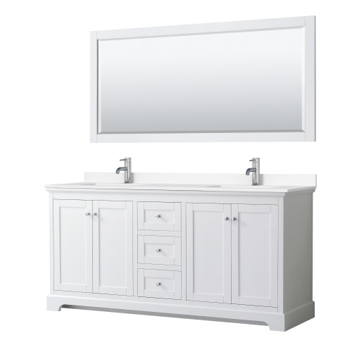 Wyndham WCV232372DWHWCUNSM70 Avery 72 Inch Double Bathroom Vanity in White, White Cultured Marble Countertop, Undermount Square Sinks, 70 Inch Mirror