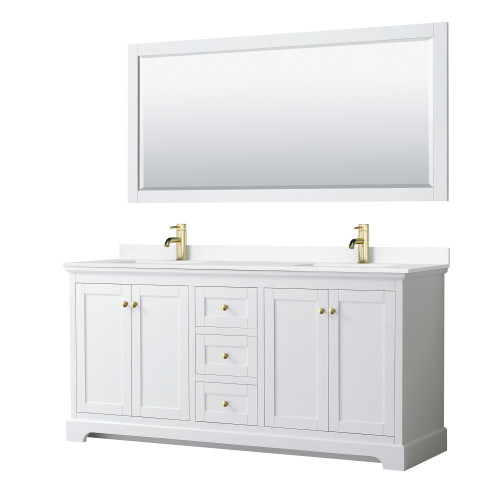 Wyndham WCV232372DWGWCUNSM70 Avery 72 Inch Double Bathroom Vanity in White, White Cultured Marble Countertop, Undermount Square Sinks, 70 Inch Mirror, Brushed Gold Trim