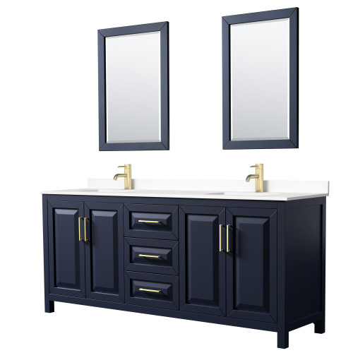 Wyndham WCV252580DBLWCUNSM24 Daria 80 Inch Double Bathroom Vanity in Dark Blue, White Cultured Marble Countertop, Undermount Square Sinks, 24 Inch Mirrors