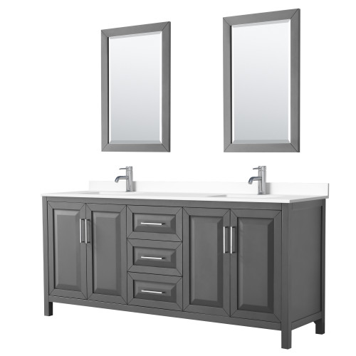 Wyndham WCV252580DKGWCUNSM24 Daria 80 Inch Double Bathroom Vanity in Dark Gray, White Cultured Marble Countertop, Undermount Square Sinks, 24 Inch Mirrors