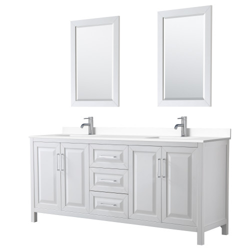 Wyndham WCV252580DWHWCUNSM24 Daria 80 Inch Double Bathroom Vanity in White, White Cultured Marble Countertop, Undermount Square Sinks, 24 Inch Mirrors