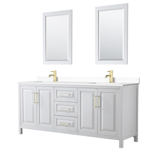 Wyndham WCV252580DWGWCUNSM24 Daria 80 Inch Double Bathroom Vanity in White, White Cultured Marble Countertop, Undermount Square Sinks, 24 Inch Mirrors, Brushed Gold Trim