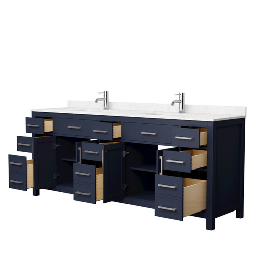 Wyndham WCG242484DBNCCUNSMXX Beckett 84 Inch Double Bathroom Vanity in Dark Blue, Carrara Cultured Marble Countertop, Undermount Square Sinks, Brushed Nickel Trim