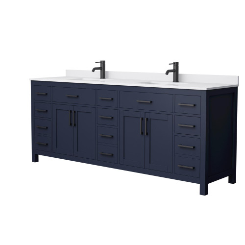 Wyndham WCG242484DBBWCUNSMXX Beckett 84 Inch Double Bathroom Vanity in Dark Blue, White Cultured Marble Countertop, Undermount Square Sinks, Matte Black Trim