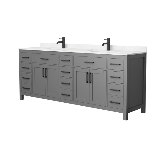 Wyndham WCG242484DGBCCUNSMXX Beckett 84 Inch Double Bathroom Vanity in Dark Gray, Carrara Cultured Marble Countertop, Undermount Square Sinks, Matte Black Trim