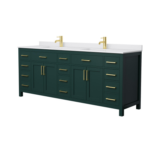 Wyndham WCG242484DGDWCUNSMXX Beckett 84 Inch Double Bathroom Vanity in Green, White Cultured Marble Countertop, Undermount Square Sinks, Brushed Gold Trim
