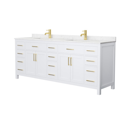 Wyndham WCG242484DWGCCUNSMXX Beckett 84 Inch Double Bathroom Vanity in White, Carrara Cultured Marble Countertop, Undermount Square Sinks, Brushed Gold Trim