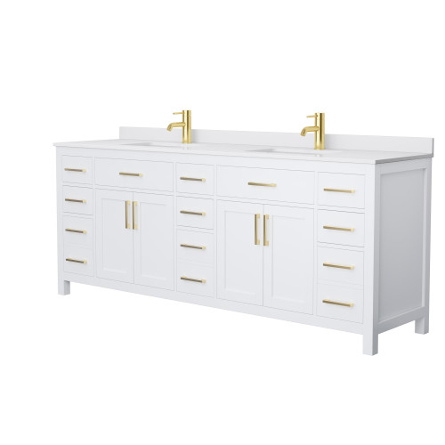 Wyndham WCG242484DWGWCUNSMXX Beckett 84 Inch Double Bathroom Vanity in White, White Cultured Marble Countertop, Undermount Square Sinks, Brushed Gold Trim