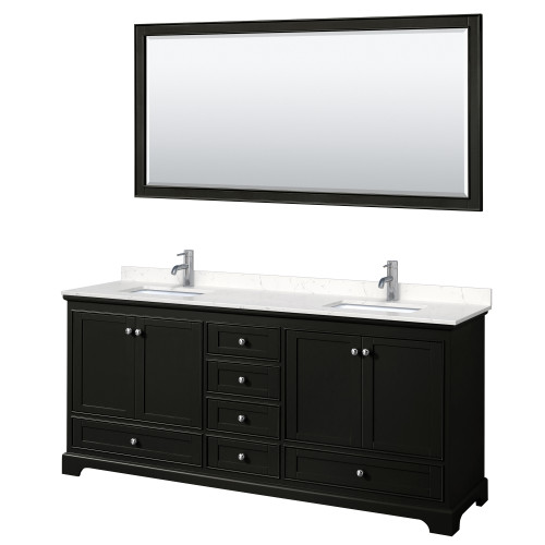 Wyndham WCS202080DDEC2UNSM70 Deborah 80 Inch Double Bathroom Vanity in Dark Espresso, Light-Vein Carrara Cultured Marble Countertop, Undermount Square Sinks, 70 Inch Mirror