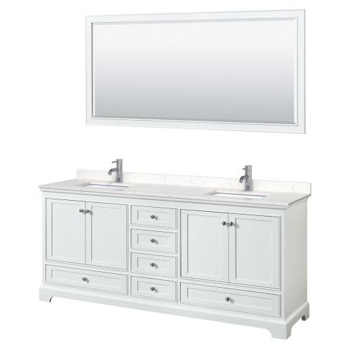 Wyndham WCS202080DWHC2UNSM70 Deborah 80 Inch Double Bathroom Vanity in White, Light-Vein Carrara Cultured Marble Countertop, Undermount Square Sinks, 70 Inch Mirror