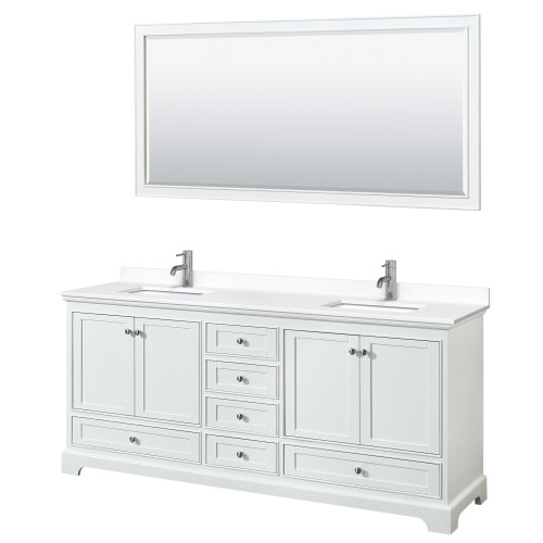 Wyndham WCS202080DWHWCUNSM70 Deborah 80 Inch Double Bathroom Vanity in White, White Cultured Marble Countertop, Undermount Square Sinks, 70 Inch Mirror