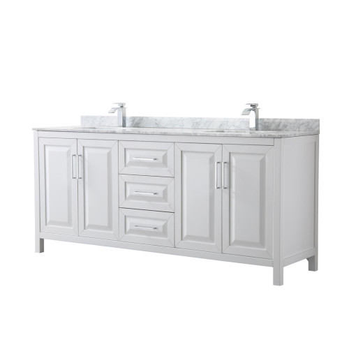 Wyndham WCV252580DWHCMUNSMXX Daria 80 Inch Double Bathroom Vanity in White, White Carrara Marble Countertop, Undermount Square Sinks, and No Mirror