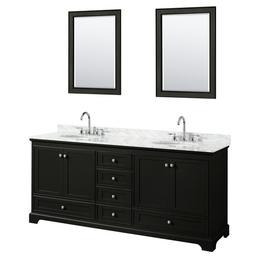 Wyndham WCS202080DDECMUNOM24 Deborah 80 Inch Double Bathroom Vanity in Dark Espresso, White Carrara Marble Countertop, Undermount Oval Sinks, and 24 Inch Mirrors